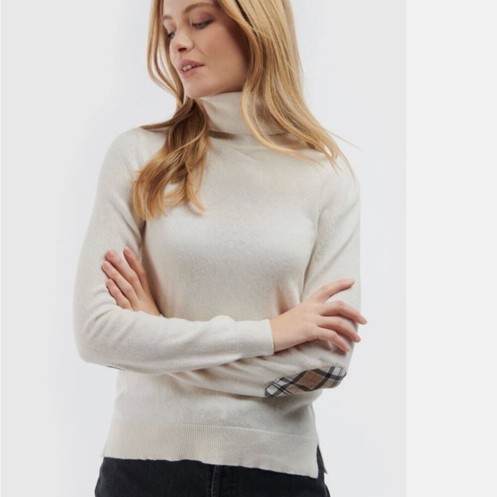 Barbour Pendle Cream Turtleneck Sweater Wool Cotton Elbow Patches 14